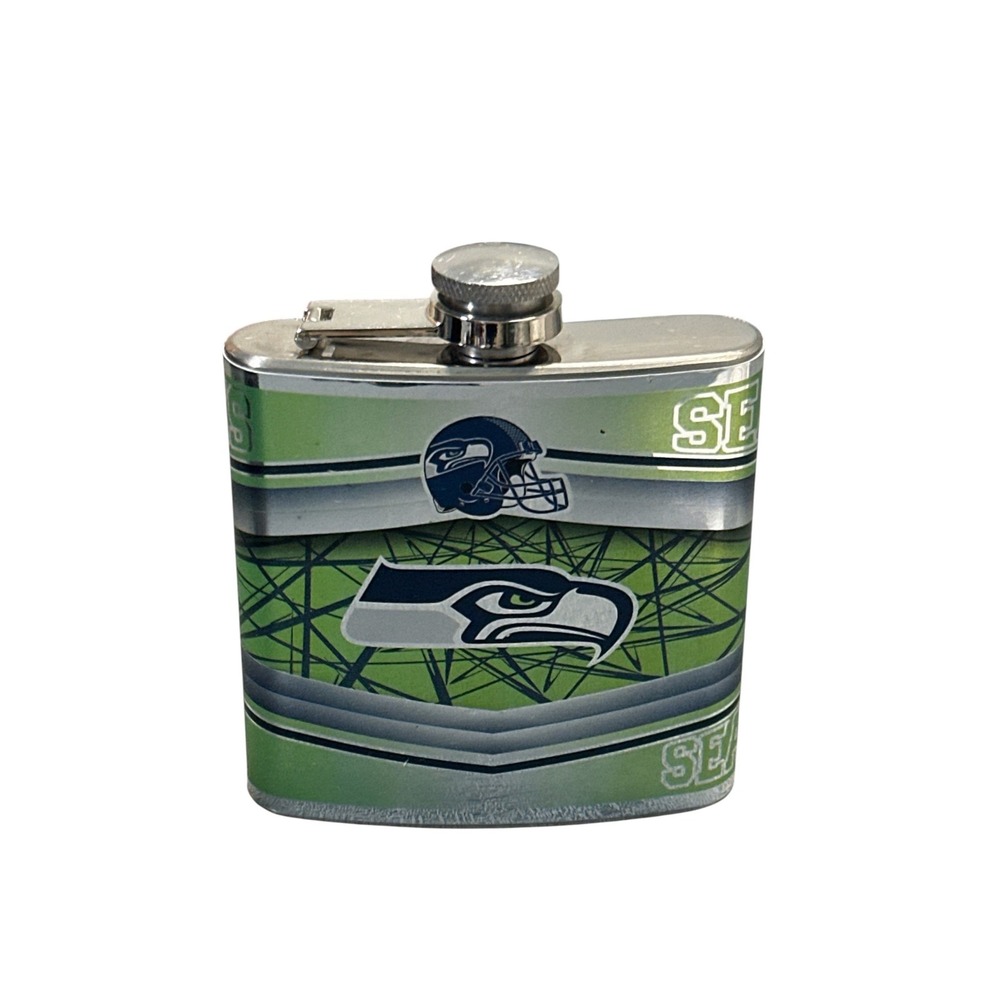 NFL Seattle Seahawks Stainless Steel Pocket Flask Green Navy Silver Logo Wrap